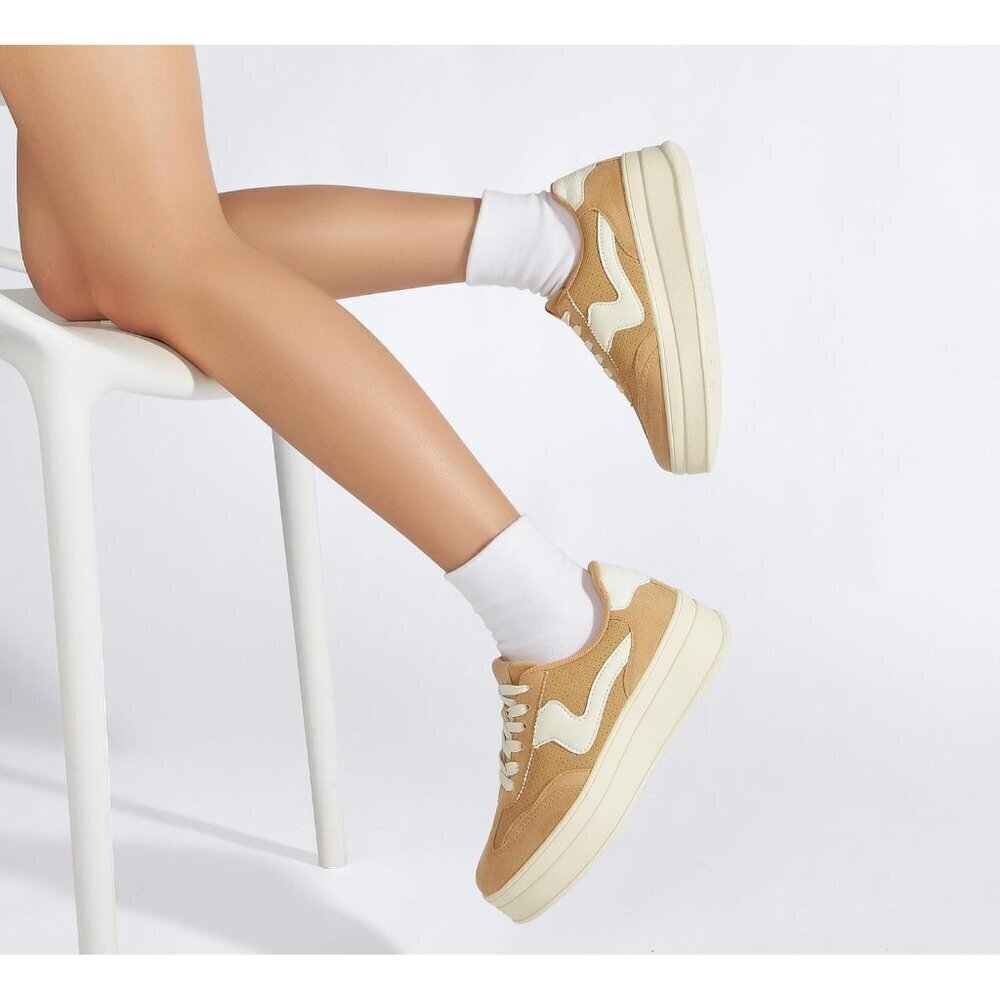 Women Platform CamelWhite Sneaker Thick Sole Suede Leather Low Top Walking Shoes - Picture 7 of 9